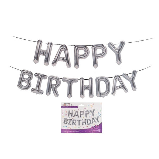 Set 13 Baloane Litere Happy Birthday, Ghirlanda Aniversara din Folie de Aluminiu, Umflare Aer sau Heliu, Include Pai, 40 cm, Argintiu