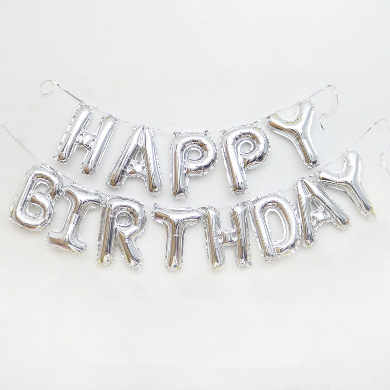 Set 13 Baloane Litere Happy Birthday, Ghirlanda Aniversara din Folie de Aluminiu, Umflare Aer sau Heliu, Include Pai, 40 cm, Argintiu