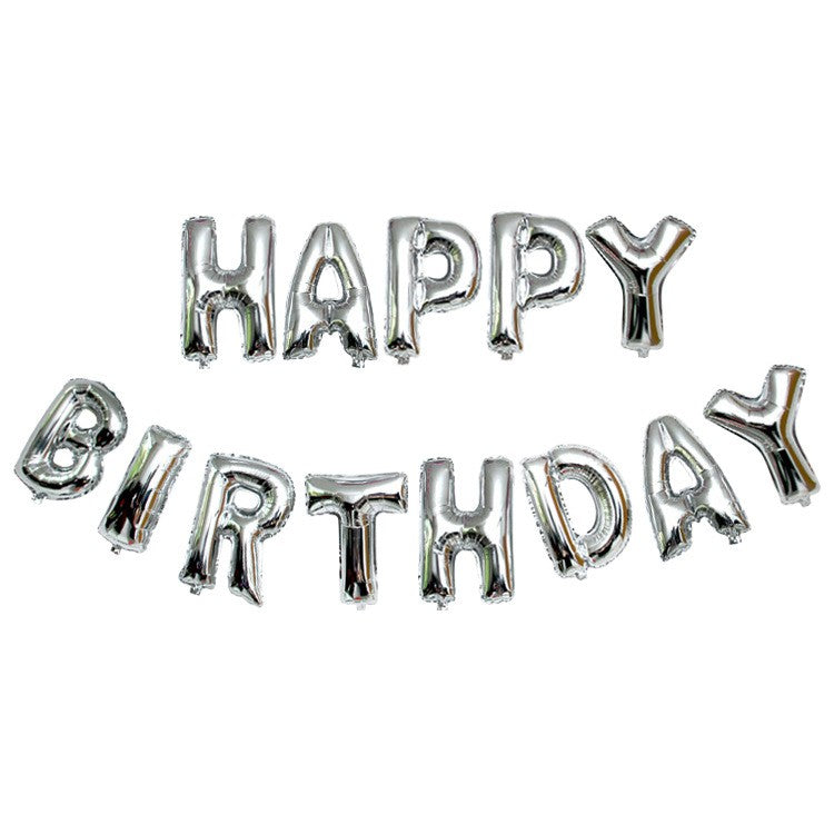Set 13 Baloane Litere Happy Birthday, Ghirlanda Aniversara din Folie de Aluminiu, Umflare Aer sau Heliu, Include Pai, 40 cm, Argintiu