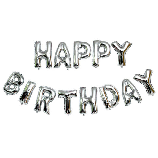 Set 13 Baloane Litere Happy Birthday, Ghirlanda Aniversara din Folie de Aluminiu, Umflare Aer sau Heliu, Include Pai, 40 cm, Argintiu