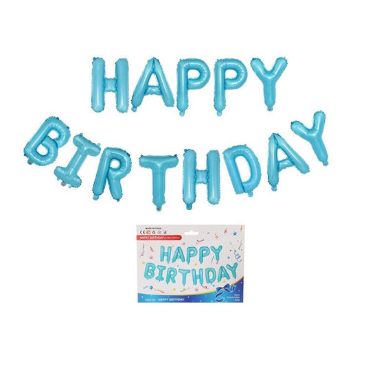 Set Baloane Folie Happy Birthday, Decoratiuni Petrecere Aniversara, Litere 40 cm, Umflare Aer sau Heliu, include Pai, Albastru Baby Blue