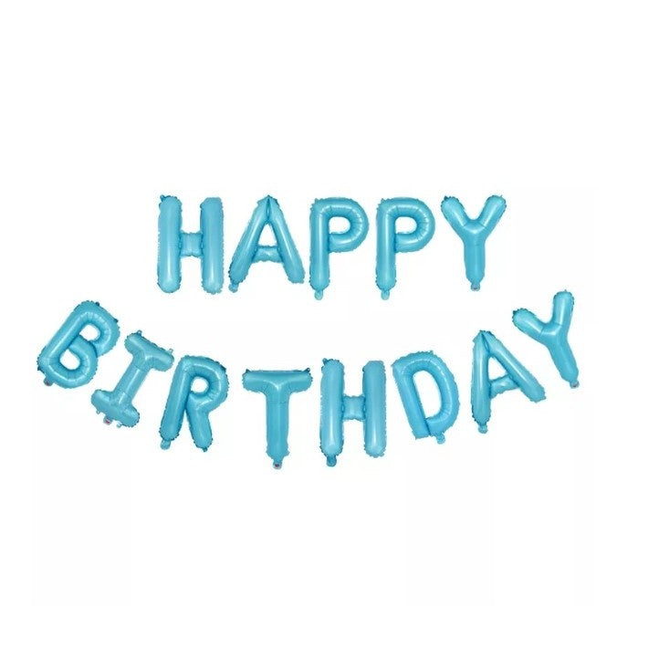 Set Baloane Folie Happy Birthday, Decoratiuni Petrecere Aniversara, Litere 40 cm, Umflare Aer sau Heliu, include Pai, Albastru Baby Blue