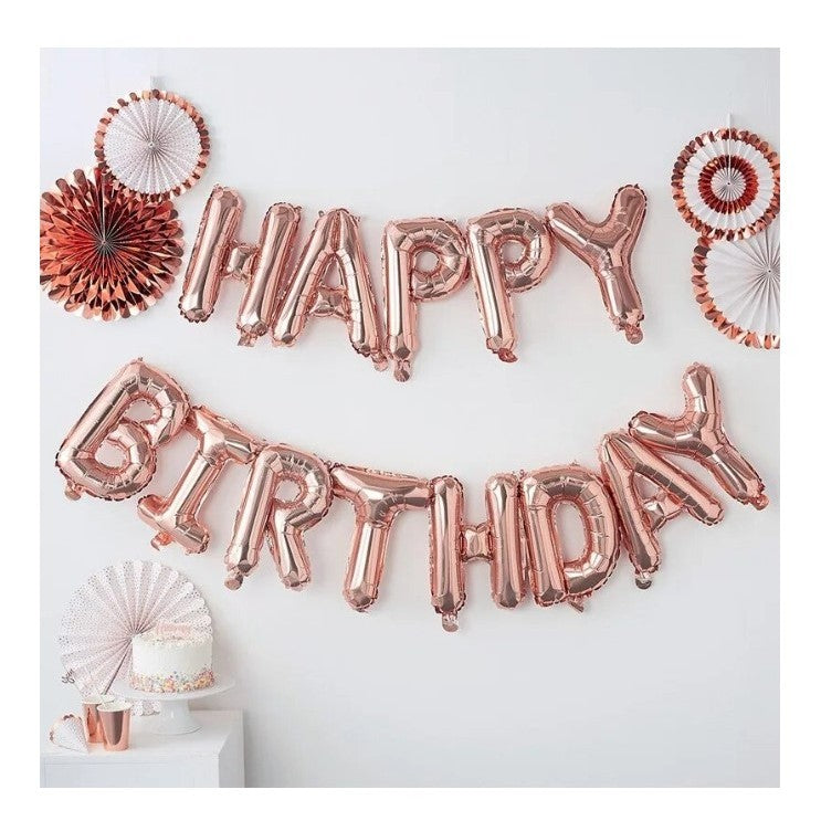 Set Baloane Litere Happy Birthday, Decoratiuni Petrecere Aniversara, Folie Aluminiu, Roz Gold, 40 cm
