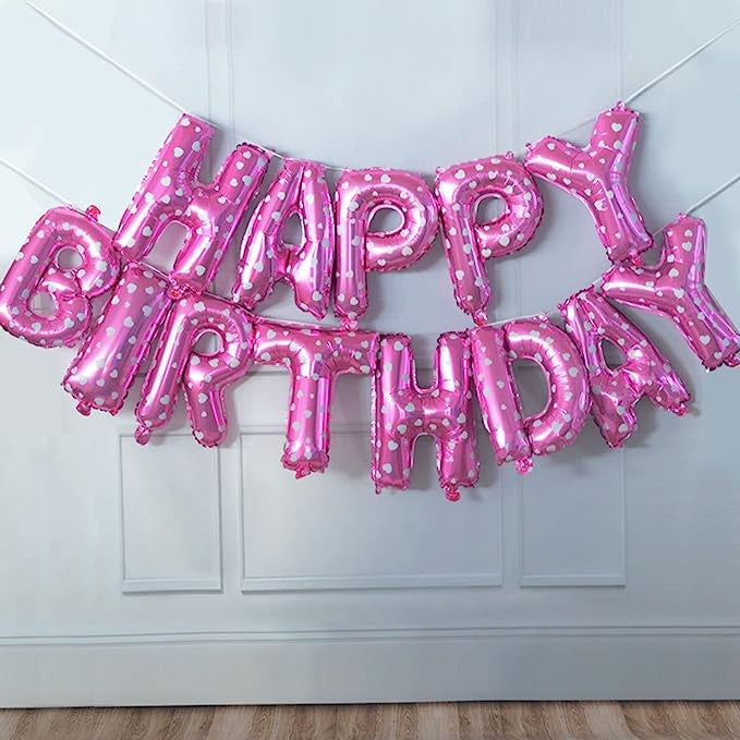 Set 13 Baloane Happy Birthday, Ghirlanda Aniversara din Folie Aluminiu, Litere 40 cm, Roz