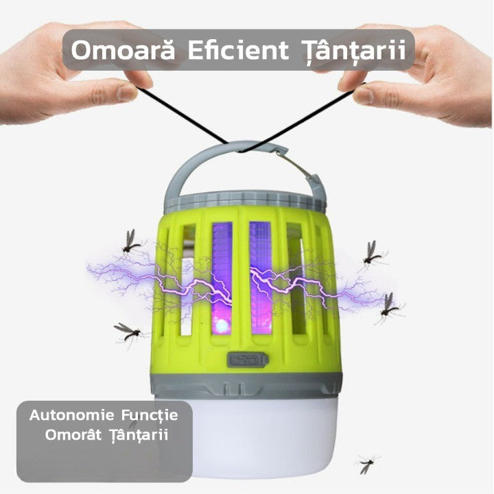 Lampă Anti-Insecte și Felinar 2în1, Distrugător Insecte cu UV și Șoc Electric, Rezistență la Apă IPX6, Încărcare USB, 200 Lumeni, 8.5 x 13.3 cm, Verde