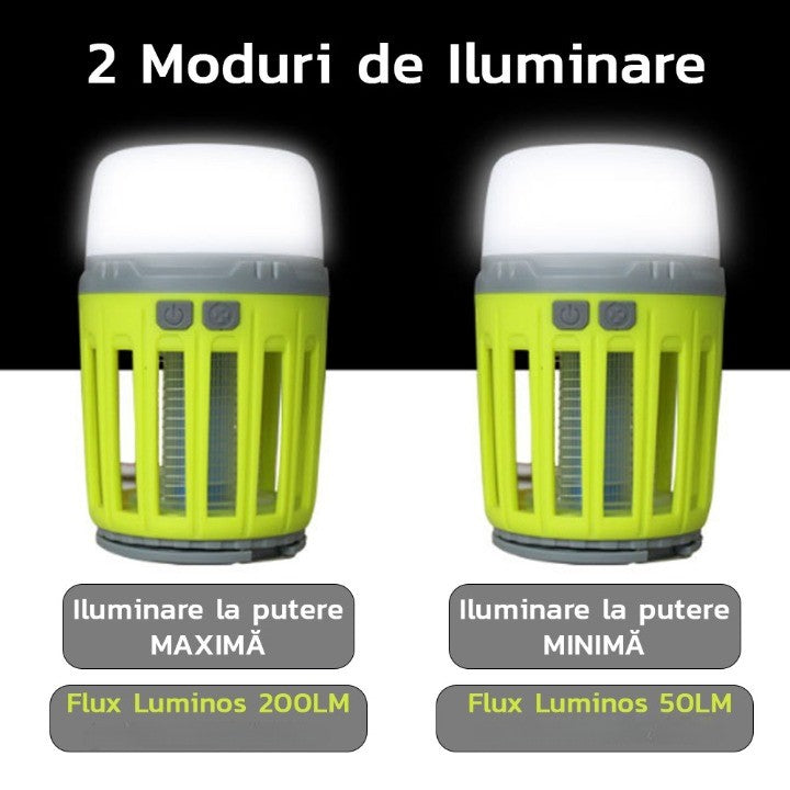 Lampă Anti-Insecte și Felinar 2în1, Distrugător Insecte cu UV și Șoc Electric, Rezistență la Apă IPX6, Încărcare USB, 200 Lumeni, 8.5 x 13.3 cm, Verde
