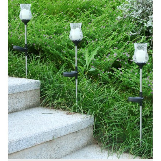 Lampa Solara LED Decorativa Tip Lalea, Senzor de Lumina Automat, Material Sticla si ABS, Acumulator 600mAh, Inaltime 55 cm, Alb Cald