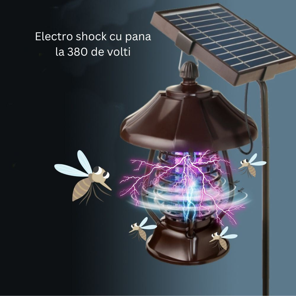 Lampa Solara Gradina Anti-Insecte, Dispozitiv UV Tantari si Muste cu Soc Electric 380V, 2 Moduri de Iluminare LED, Autonomie 8 Ore, Rezistenta la Apa IP65, Material ABS, 30 x 19.5 cm, Maro