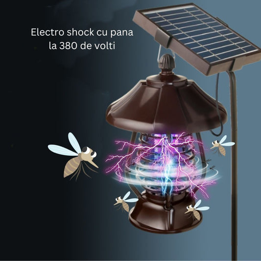 Lampa Solara Gradina Anti-Insecte, Dispozitiv UV Tantari si Muste cu Soc Electric 380V, 2 Moduri de Iluminare LED, Autonomie 8 Ore, Rezistenta la Apa IP65, Material ABS, 30 x 19.5 cm, Maro