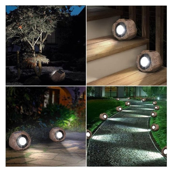 Lampa Solara LED pentru Gradina, Design Imitatie Piatra, 4 LED-uri cu Senzor de Lumina, Material ABS Rezistent, Acumulator 600 mAh, Lumina Alb Rece, 12 x 15 cm, Gri