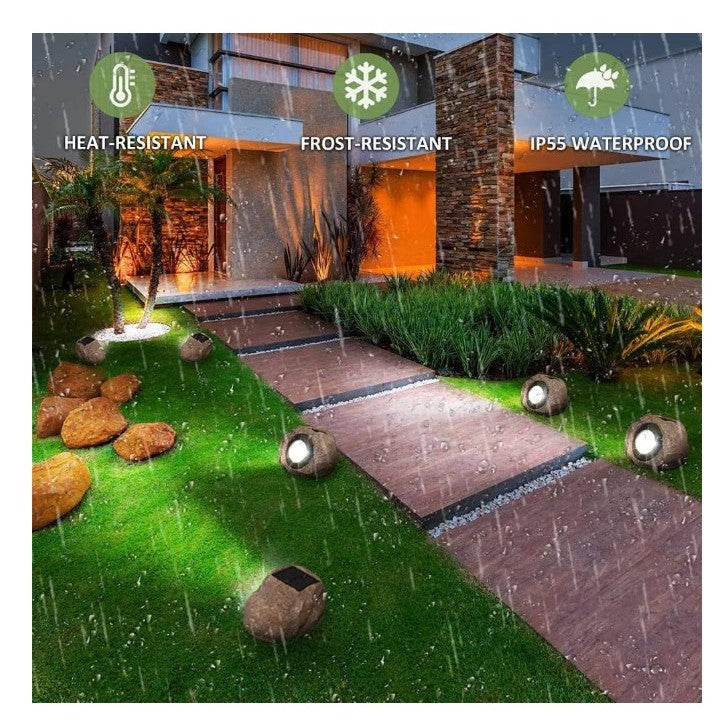Lampa Solara LED pentru Gradina, Design Imitatie Piatra, 4 LED-uri cu Senzor de Lumina, Material ABS Rezistent, Acumulator 600 mAh, Lumina Alb Rece, 12 x 15 cm, Gri