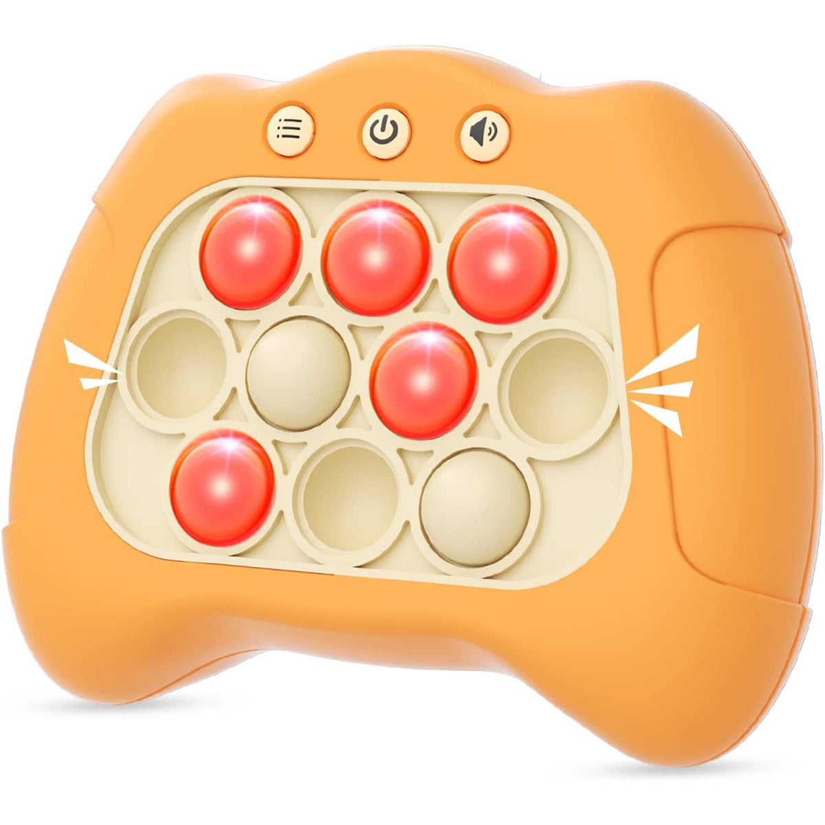 Consola Joc Interactiv Pop It Antistres, Joc de Memorie si Dexteritate cu Lumini si Sunete, 4 Moduri de Lucru, Material ABS si Silicon, Portocaliu, 12 x 10 x 5.8 cm