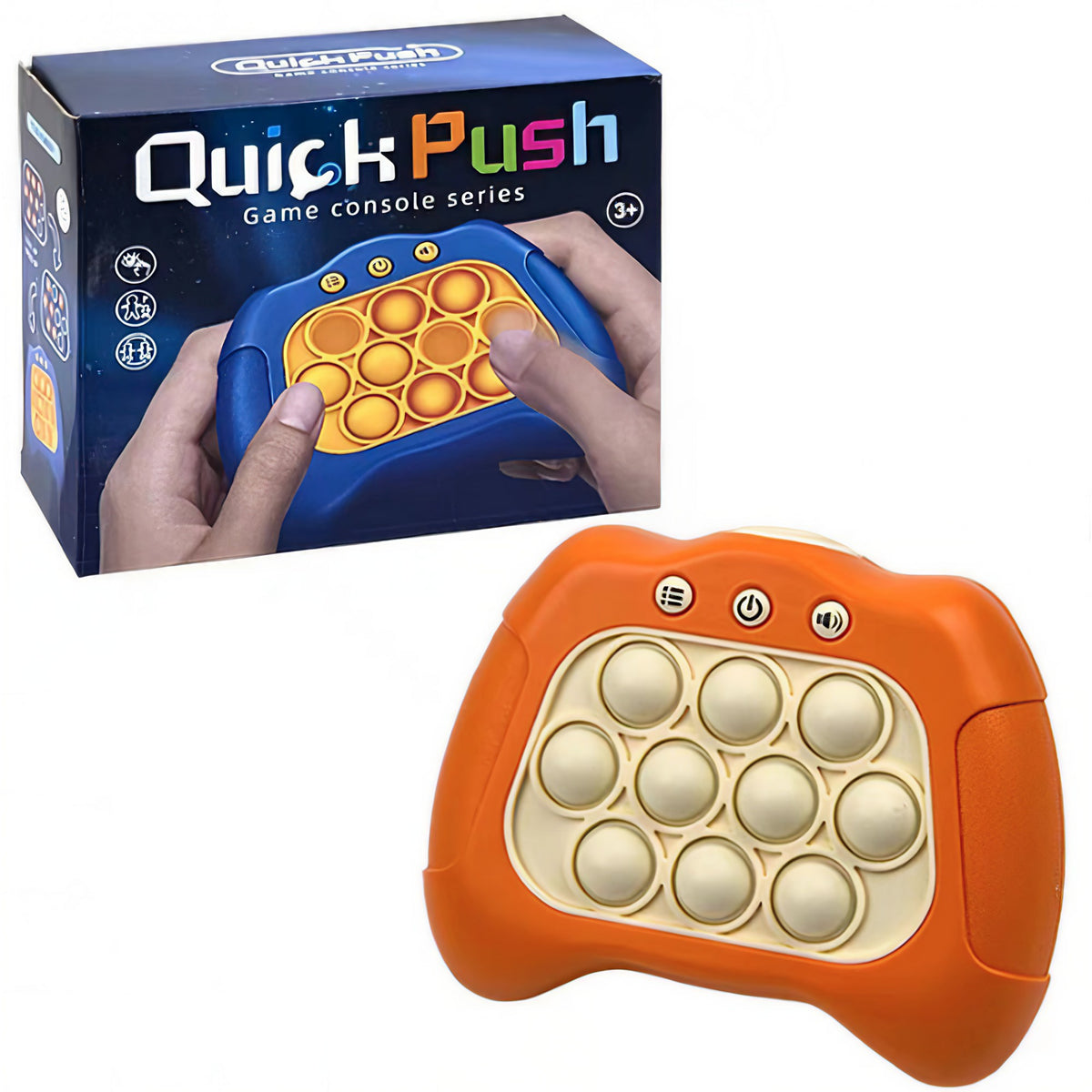 Consola Joc Interactiv Pop It Antistres, Joc de Memorie si Dexteritate cu Lumini si Sunete, 4 Moduri de Lucru, Material ABS si Silicon, Portocaliu, 12 x 10 x 5.8 cm