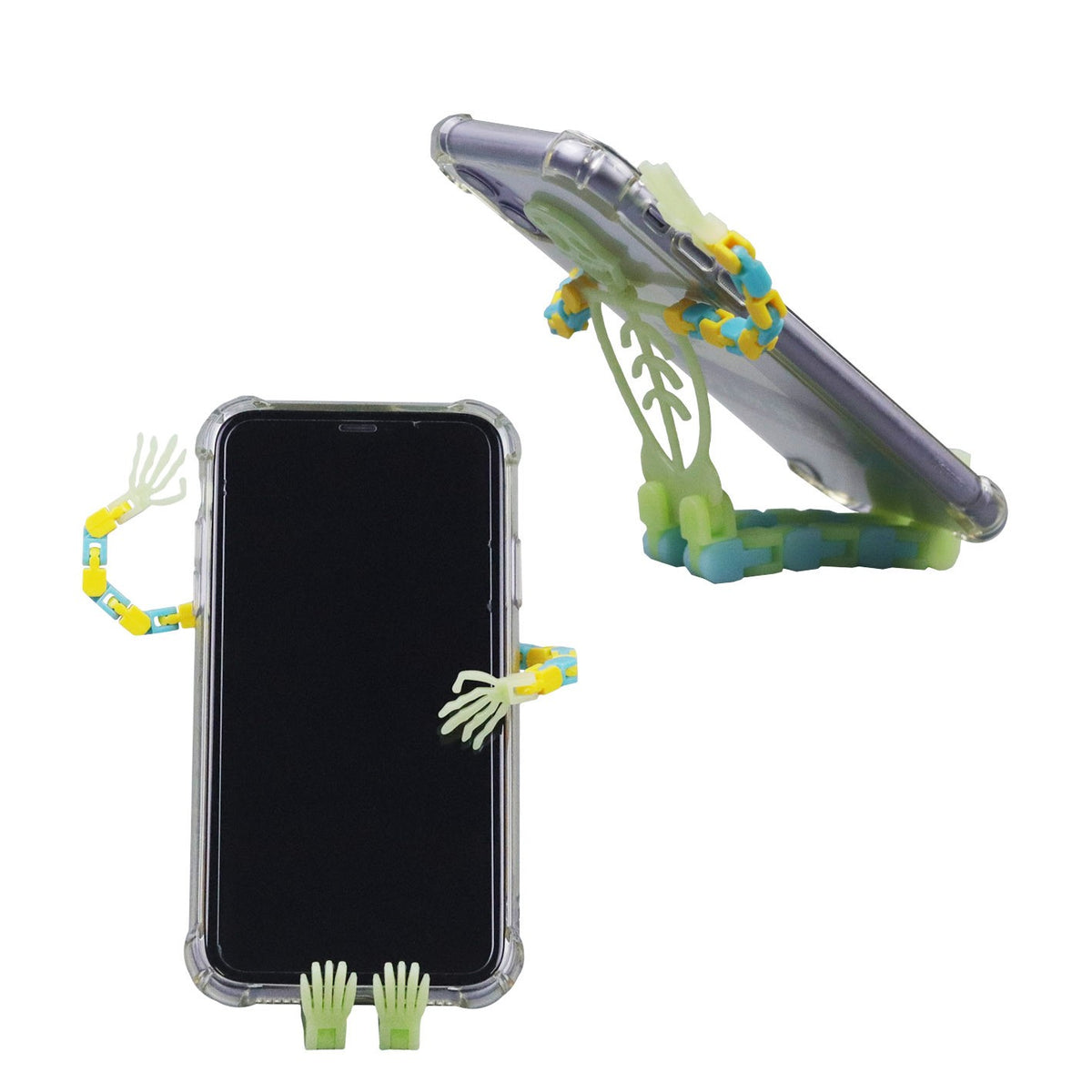 Suport Telefon Mobil si Jucarie Antistres Decompresie, Model Schelet Articulat Fosforescent, Plastic, Verde, 17 cm