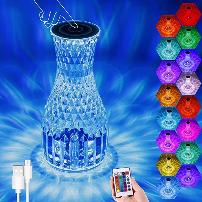 Lampa de Birou LED RGB 16 Culori, Veioza Cristal cu Control Tactil si Telecomanda, Incarcare USB, Acrilic, Forma Vaza, 20x12 cm, Transparent