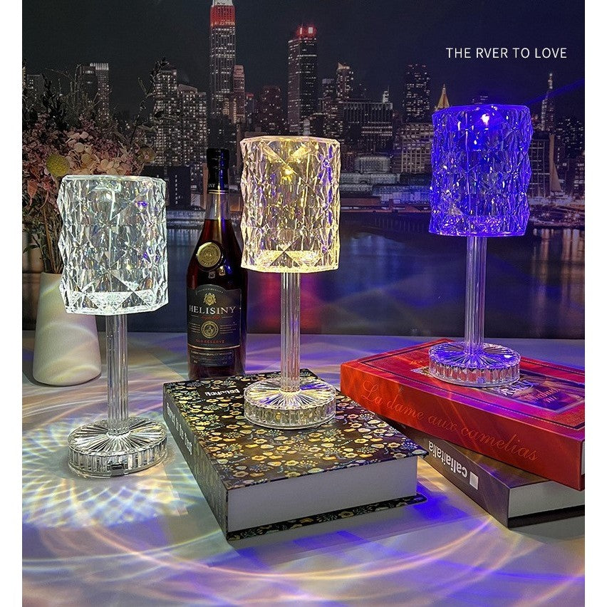 Lampa de Birou LED RGB cu 16 Culori, Veioza Decorativa cu Control Tactil si Telecomanda, Cristal Acrilic Reincarcabil, 4 Moduri Lumina, 3 Nivele Intensitate, Incarcare USB, 3W, 13x28 cm, Transparent