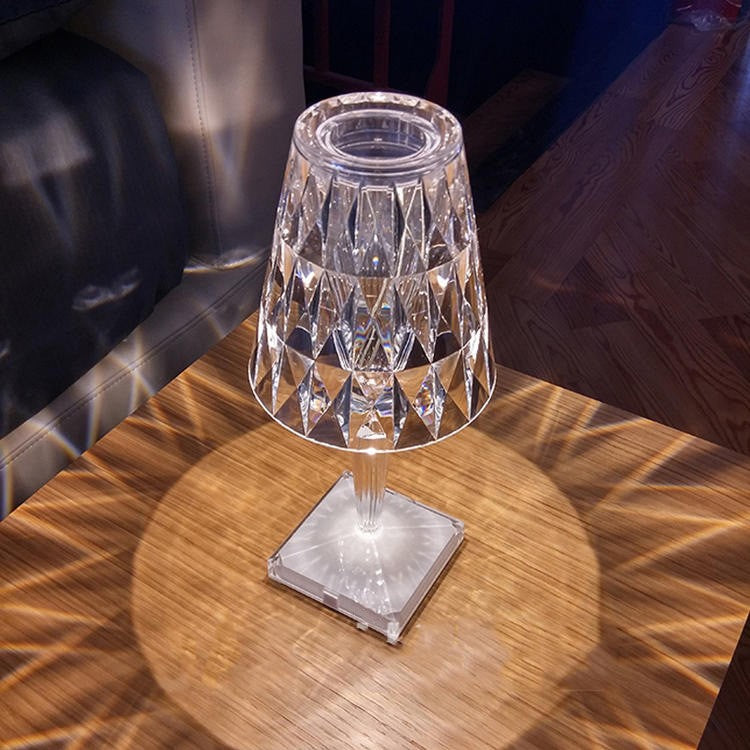 Lampa de Birou Tip Cristal Acrilic, Veioza Decorativa LED RGB 16 Culori, Control Tactil si Telecomanda, Intensitate Reglabila, Acumulator Reincarcabil USB, 3W, 26x12 cm, Transparenta