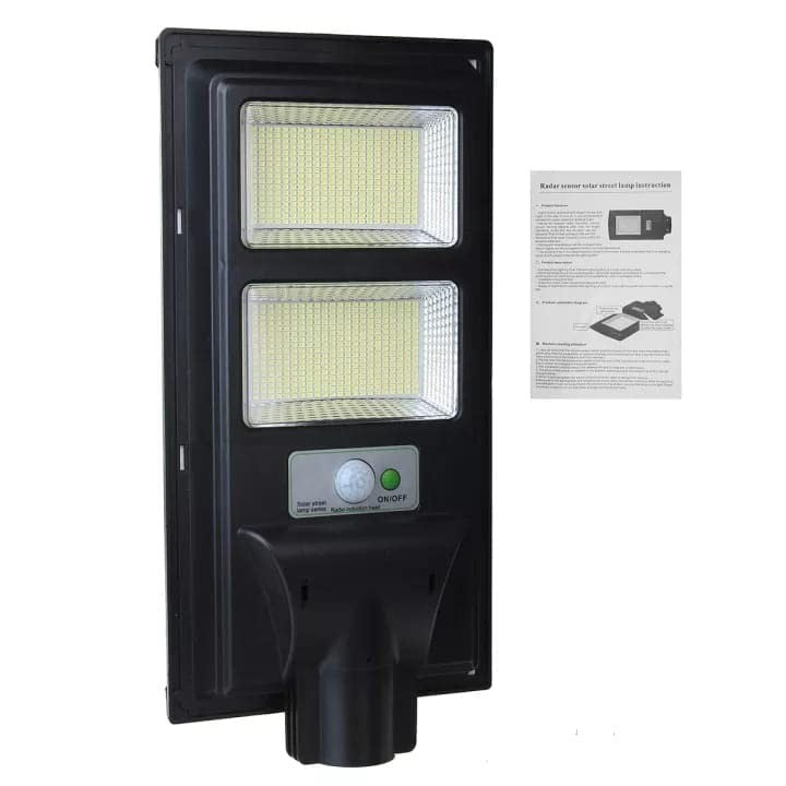 Lampa Solara Stradala LED 100W cu Senzor de Miscare si Lumina, Protectie IP65, Carcasa ABS, Acumulator 5Ah, Autonomie 12 Ore, Lumina Alba Rece 6500K, 38x19 cm, Negru