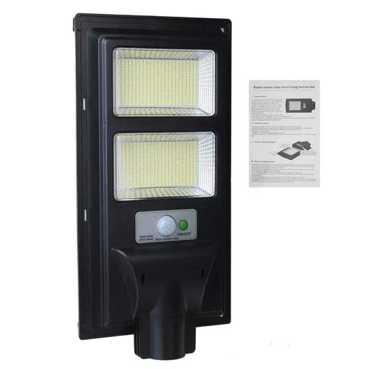 Lampa Solara Stradala LED 100W cu Senzor de Miscare si Lumina, Protectie IP65, Carcasa ABS, Acumulator 5Ah, Autonomie 12 Ore, Lumina Alba Rece 6500K, 38x19 cm, Negru