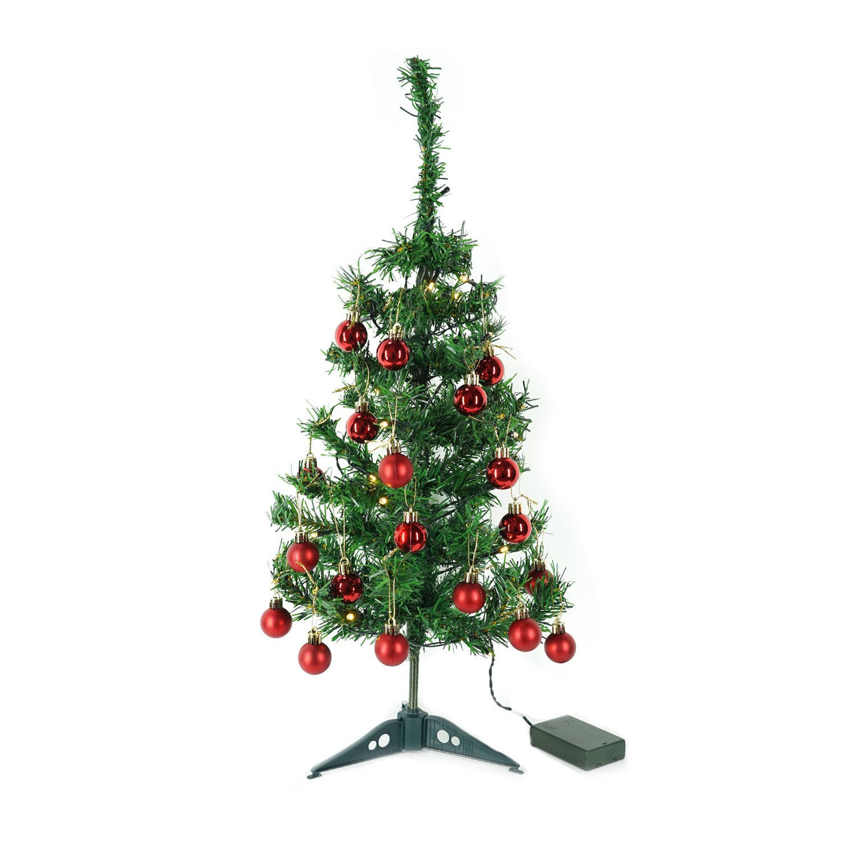 Brad Artificial Craciun Complet Impodobit, Instalatie 20 LED Alb Cald si 20 Globuri Rosii Incluse, Suport Plastic, Verde, 60 cm