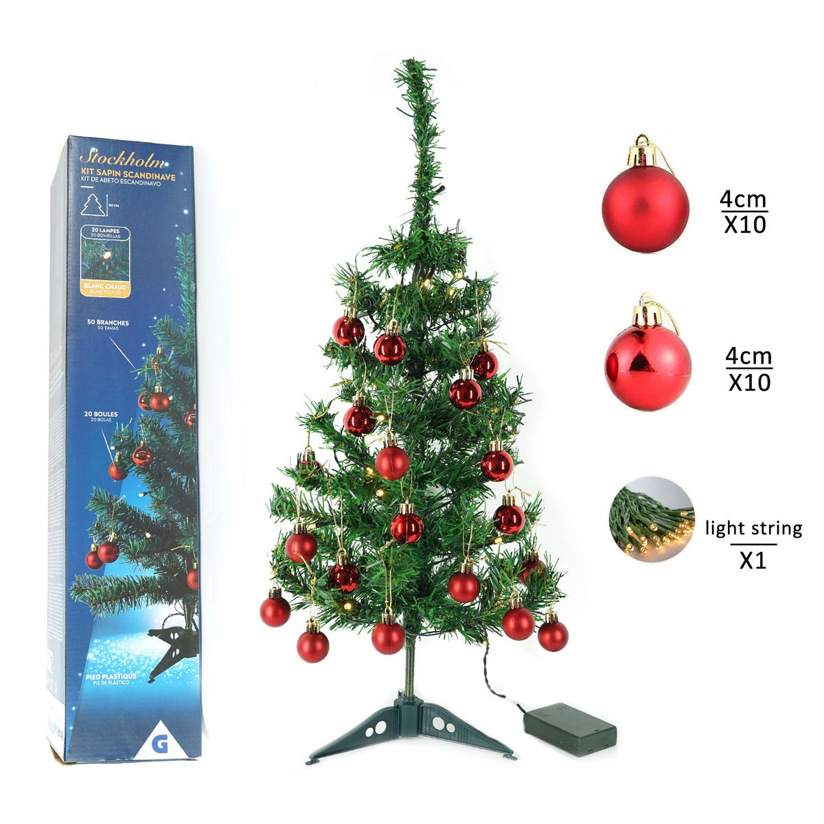 Brad Artificial Craciun Complet Impodobit, Instalatie 20 LED Alb Cald si 20 Globuri Rosii Incluse, Suport Plastic, Verde, 60 cm