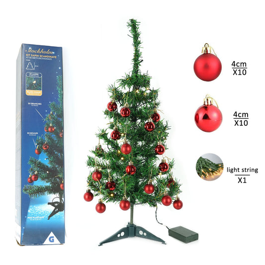 Brad Artificial Craciun Complet Impodobit, Instalatie 20 LED Alb Cald si 20 Globuri Rosii Incluse, Suport Plastic, Verde, 60 cm