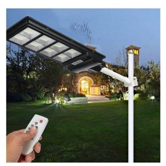Lampa Solara Stradala 300W, Senzor de Miscare si Lumina, 225 LED-uri, Rezistenta la Apa IP65, Telecomanda si Suport, Acumulator 15Ah, 6500K, 69.5x24.3 cm, Negru