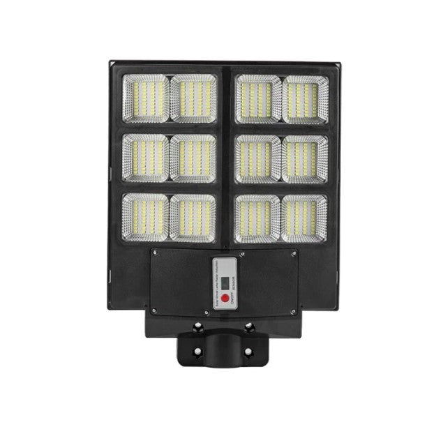 Lampa Solara Stradala 300W cu Senzor Miscare si Telecomanda, Carcasa ABS, Rezistenta Apa IP65, Acumulator 15Ah, 480 LED, Lumina Rece 6500K, Brat Inclus, Autonomie 12 Ore, 44.6x34.8 cm, Negru