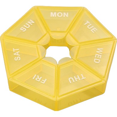Organizator Medicamente Saptamanal, Cutie Pastile Portabila de Buzunar, 7 Compartimente cu Inchidere Etansa, Plastic, Galben, 8x8 cm