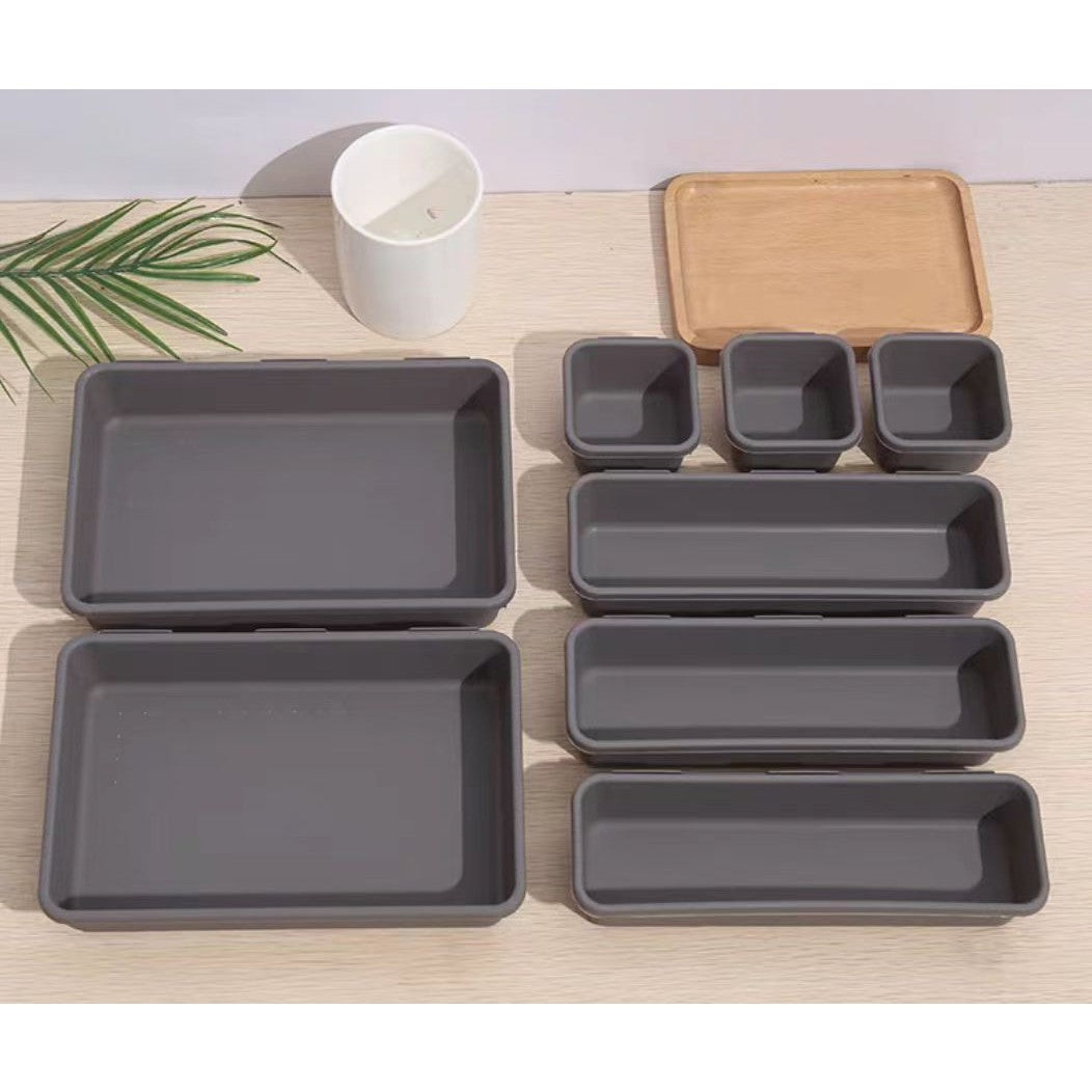 Set 8 Organizatoare Pentru Sertar, Cutii Depozitare Cosmetice si Accesorii Birou, Material Plastic Durabil, Gri, 3 Dimensiuni Mixte