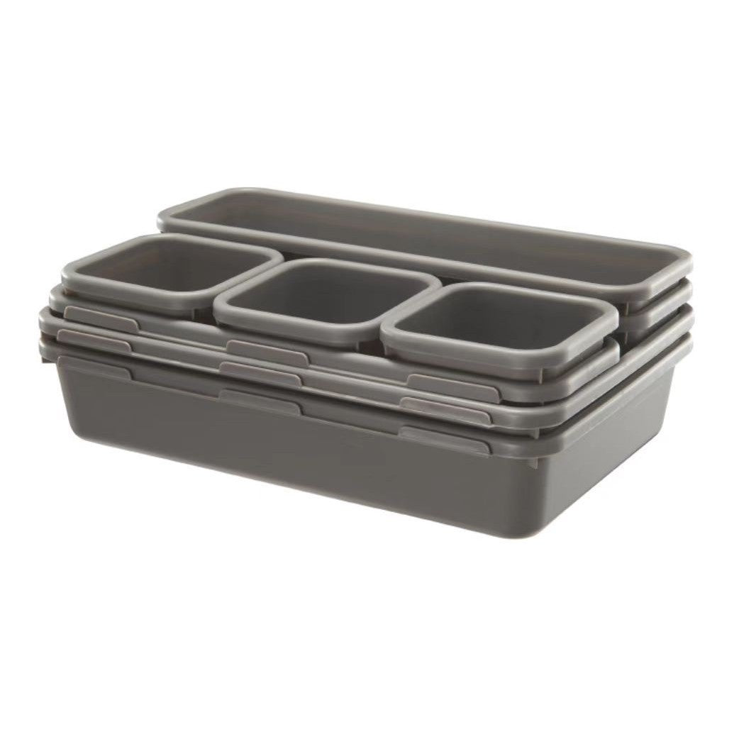 Set 8 Organizatoare Pentru Sertar, Cutii Depozitare Cosmetice si Accesorii Birou, Material Plastic Durabil, Gri, 3 Dimensiuni Mixte