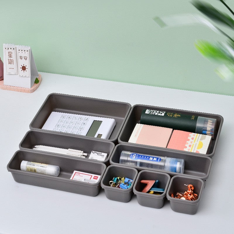 Set 8 Organizatoare Pentru Sertar, Cutii Depozitare Cosmetice si Accesorii Birou, Material Plastic Durabil, Gri, 3 Dimensiuni Mixte