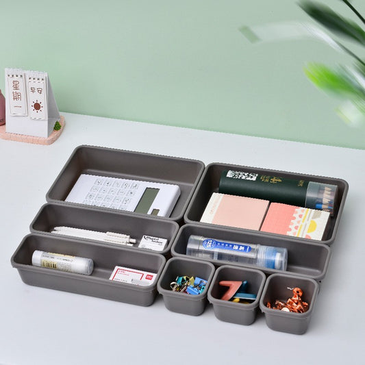 Set 8 Organizatoare Pentru Sertar, Cutii Depozitare Cosmetice si Accesorii Birou, Material Plastic Durabil, Gri, 3 Dimensiuni Mixte