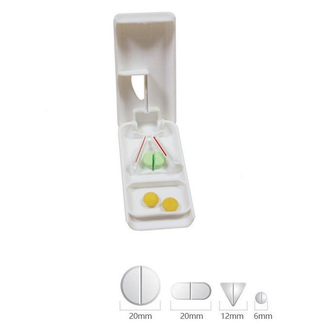 Taietor si Organizator de Pastile, Dispozitiv pentru Taiere si Depozitare Medicamente, Lama din Otel Inoxidabil, Slot in V Antialunecare, Plastic PP, 8 x 4 x 1.8 cm, Bej