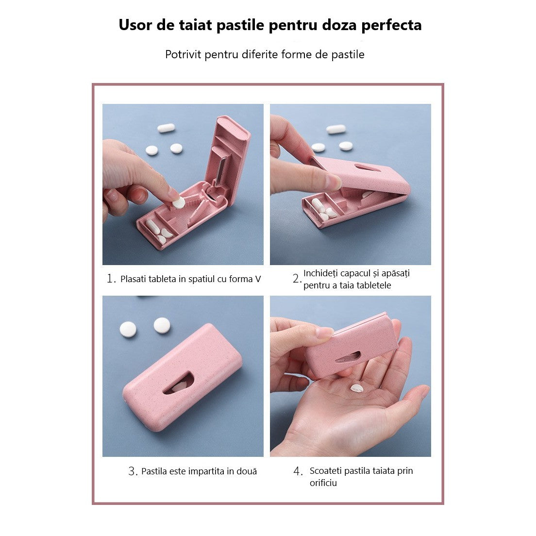 Dispozitiv Taiere Si Depozitare Medicamente, Taietor Pastile Cu Lama Din Otel Inoxidabil Si Slot In V, Plastic, 8 x 4 x 1.8 cm, Albastru