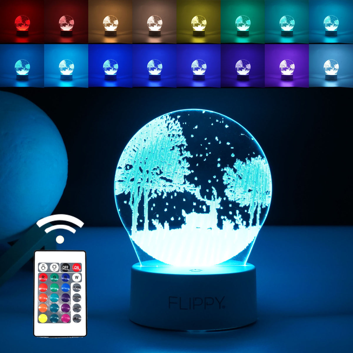 Lampa LED Decorativa 3D, Efect Peisaj de Iarna, Lumina Multicolora RGB, Telecomanda, Alimentare USB sau Baterii, Acril Rezistent, Inaltime 20 cm, Alb