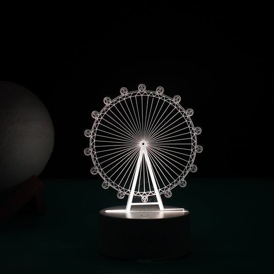 Lampa LED Decorativa 3D, Model Roata Panoramica, Lumina Multicolora RGB cu Telecomanda, Alimentare Duala USB sau Baterii, Material Acril, Inaltime 20 cm, Alb