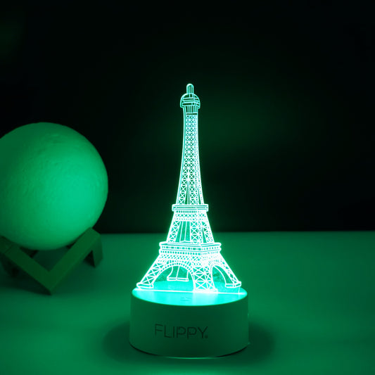 Lampa LED Decorativa 3D Turnul Eiffel, Lumina Multicolora RGB cu Telecomanda, Acril Rezistent, Alimentare USB sau Baterii, Baza Alba