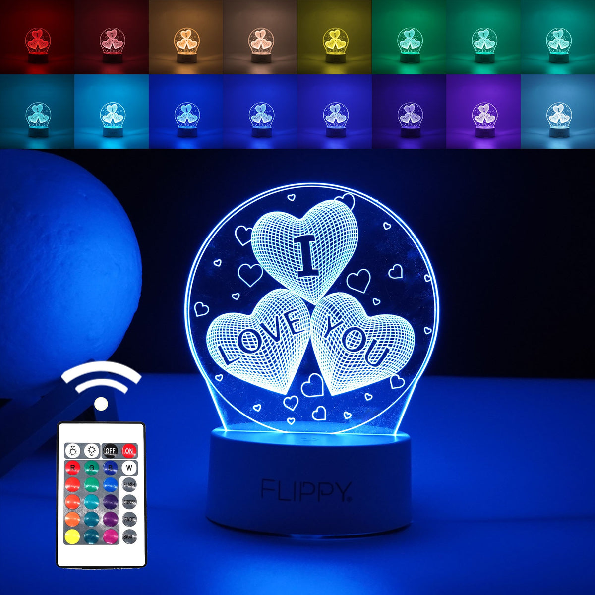Lampa LED Decorativa 3D, Mesaj I Love You, Telecomanda, Lumina Multicolora RGB, Alimentare USB sau Baterii, Material Acril, Inaltime 20 cm, Alb