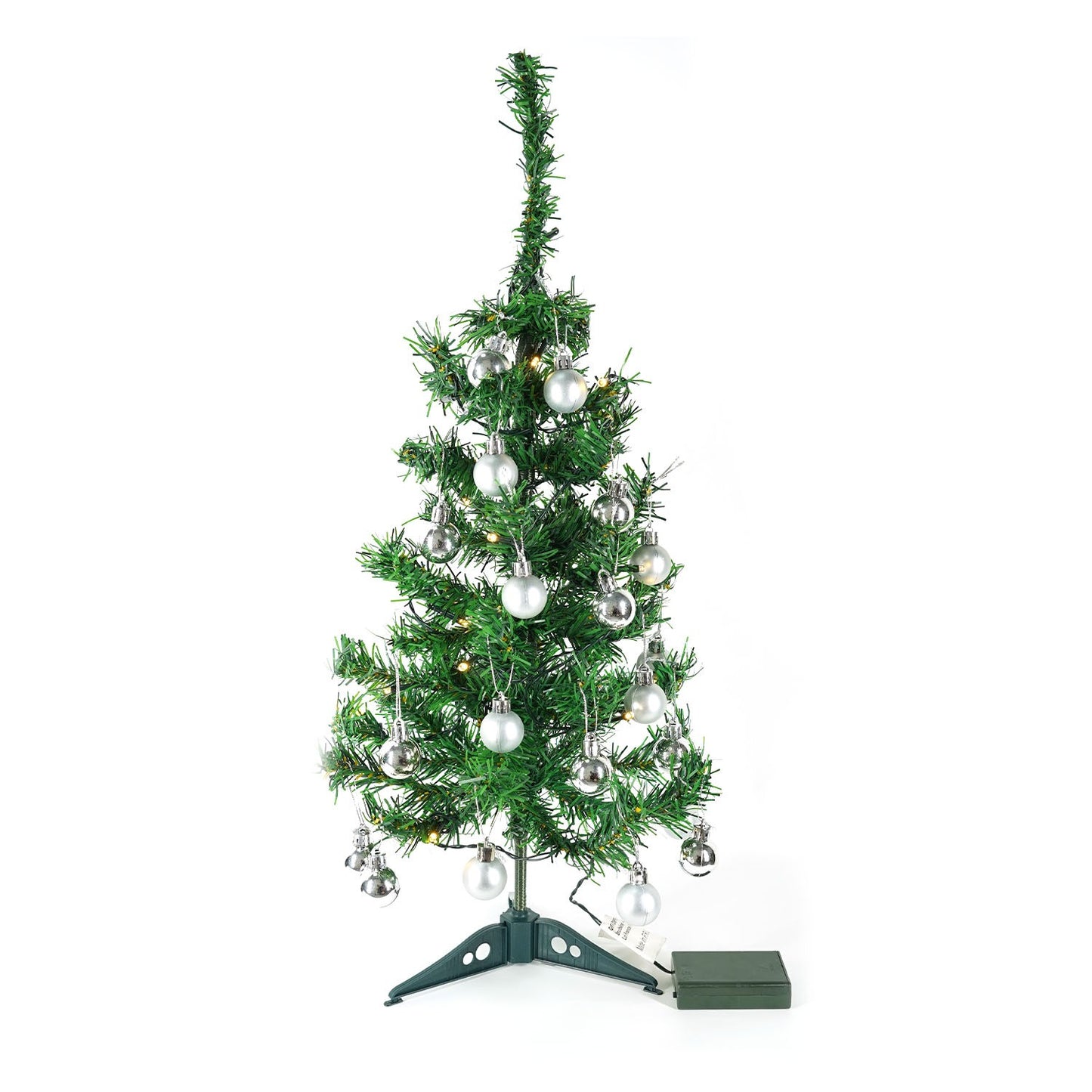 Brad Artificial Decorat, Pom de Craciun cu Instalatie 20 LED Alb Cald si 20 Globuri Argintii, Suport Plastic Inclus, Verde, 60 cm