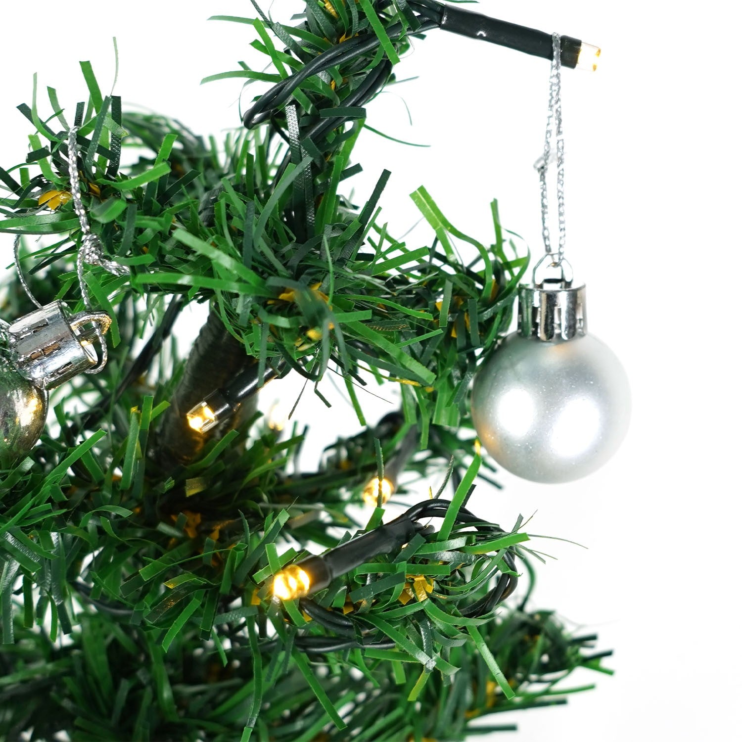 Brad Artificial Decorat, Pom de Craciun cu Instalatie 20 LED Alb Cald si 20 Globuri Argintii, Suport Plastic Inclus, Verde, 60 cm