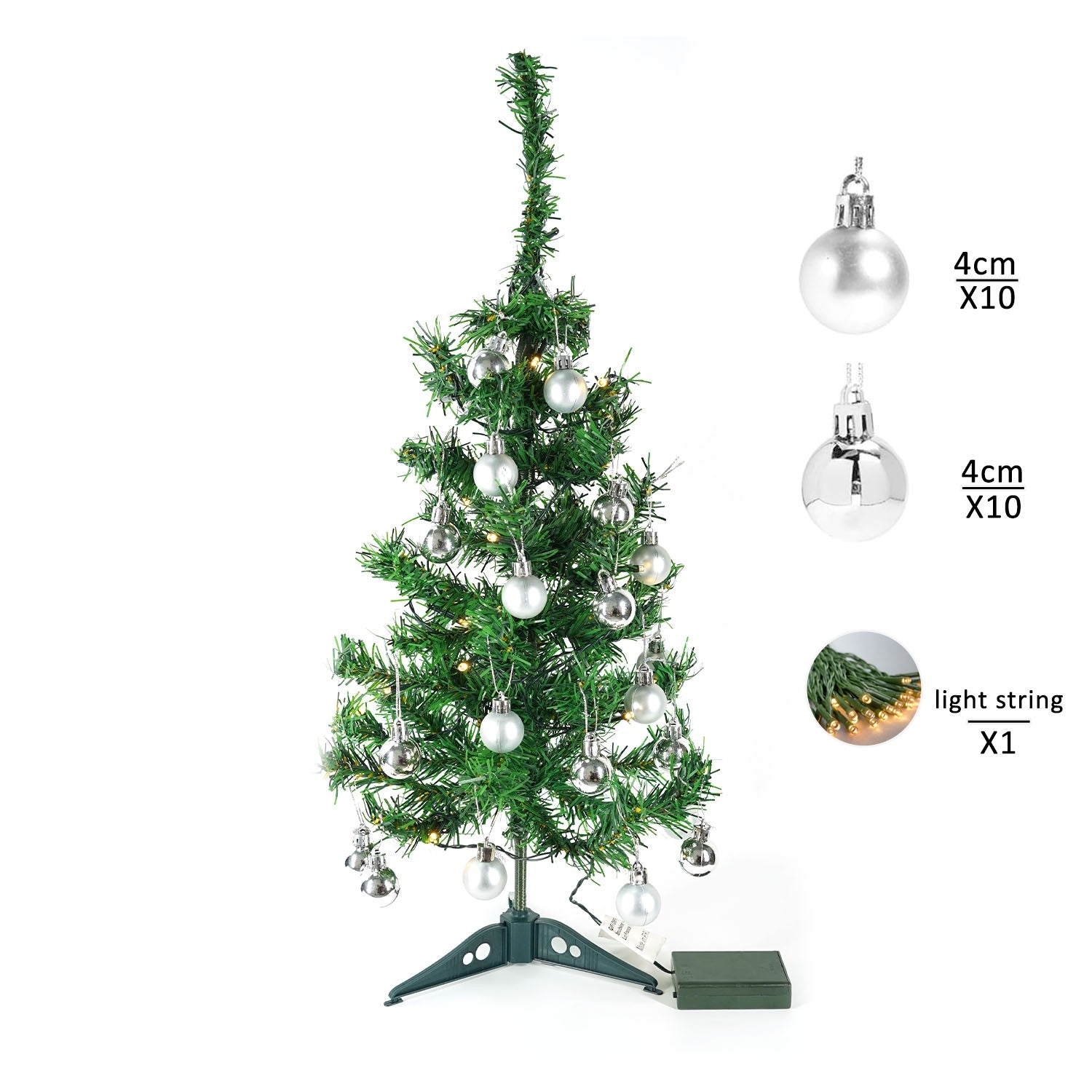 Brad Artificial Decorat, Pom de Craciun cu Instalatie 20 LED Alb Cald si 20 Globuri Argintii, Suport Plastic Inclus, Verde, 60 cm