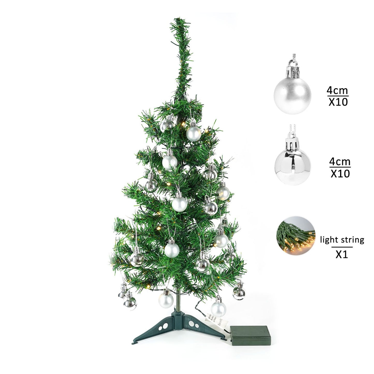 Brad Artificial Decorat, Pom de Craciun cu Instalatie 20 LED Alb Cald si 20 Globuri Argintii, Suport Plastic Inclus, Verde, 60 cm