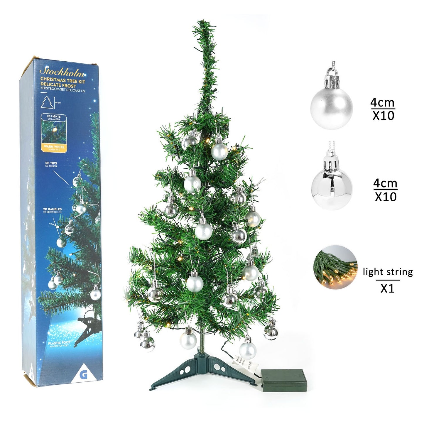 Brad Artificial Decorat, Pom de Craciun cu Instalatie 20 LED Alb Cald si 20 Globuri Argintii, Suport Plastic Inclus, Verde, 60 cm