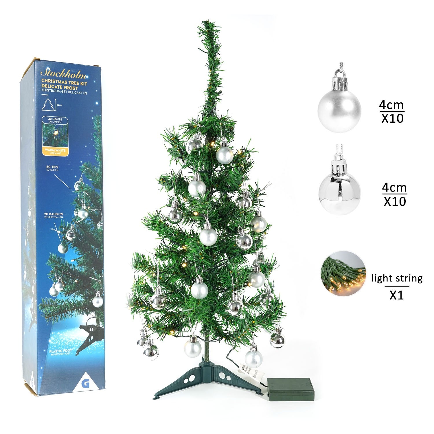 Brad Artificial Decorat, Pom de Craciun cu Instalatie 20 LED Alb Cald si 20 Globuri Argintii, Suport Plastic Inclus, Verde, 60 cm