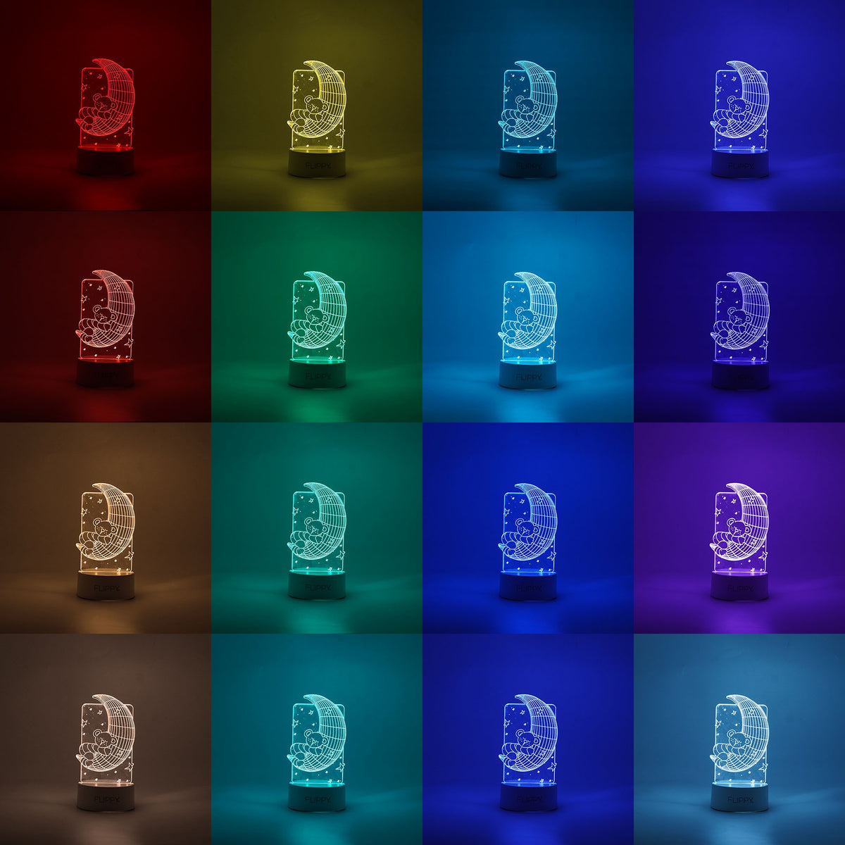 Lampa LED Decorativa 3D, Ursulet si Semiluna, Lumina Multicolora RGB cu Telecomanda, Alimentare USB sau Baterii, Material Acril, Inaltime 20 cm, Alb