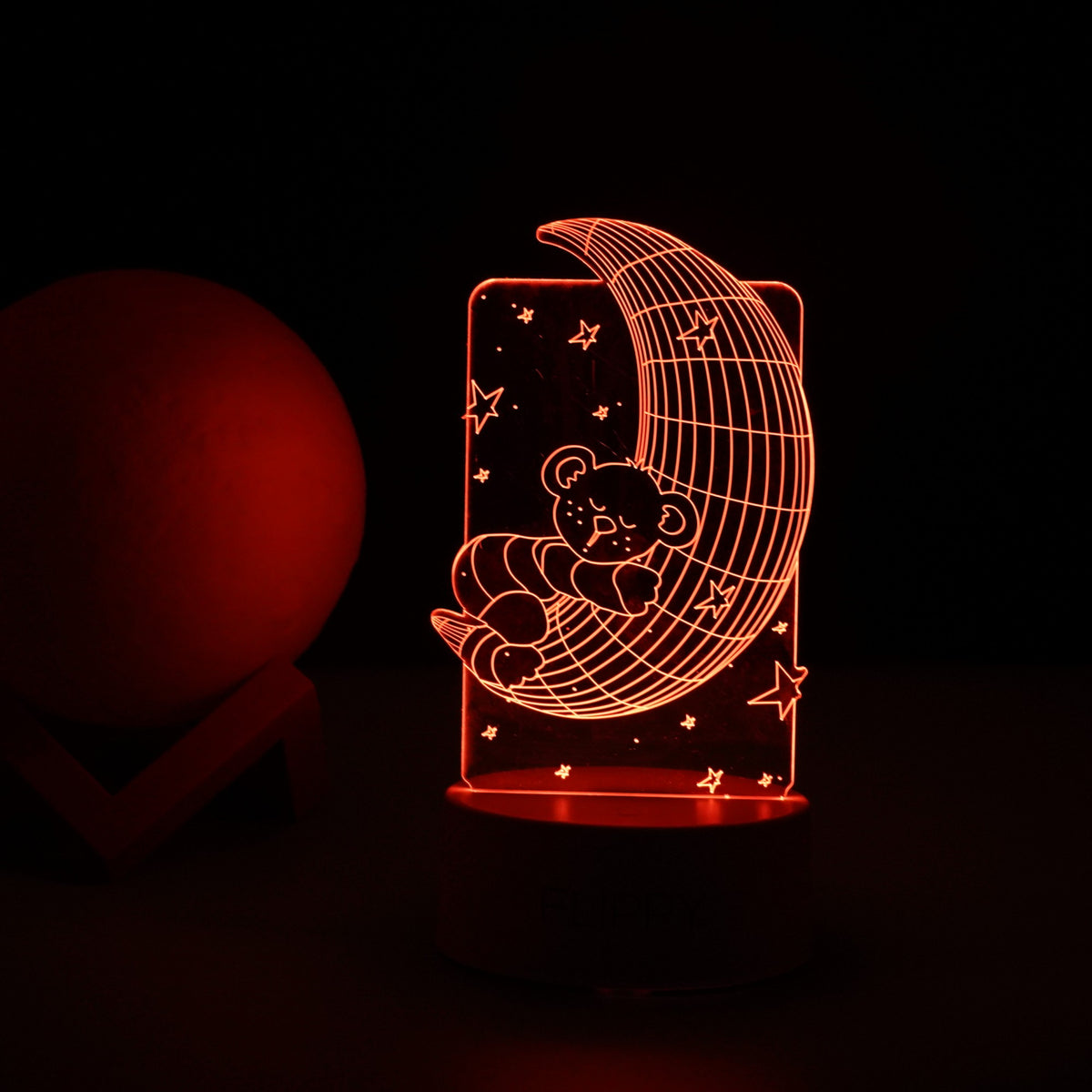 Lampa LED Decorativa 3D, Ursulet si Semiluna, Lumina Multicolora RGB cu Telecomanda, Alimentare USB sau Baterii, Material Acril, Inaltime 20 cm, Alb