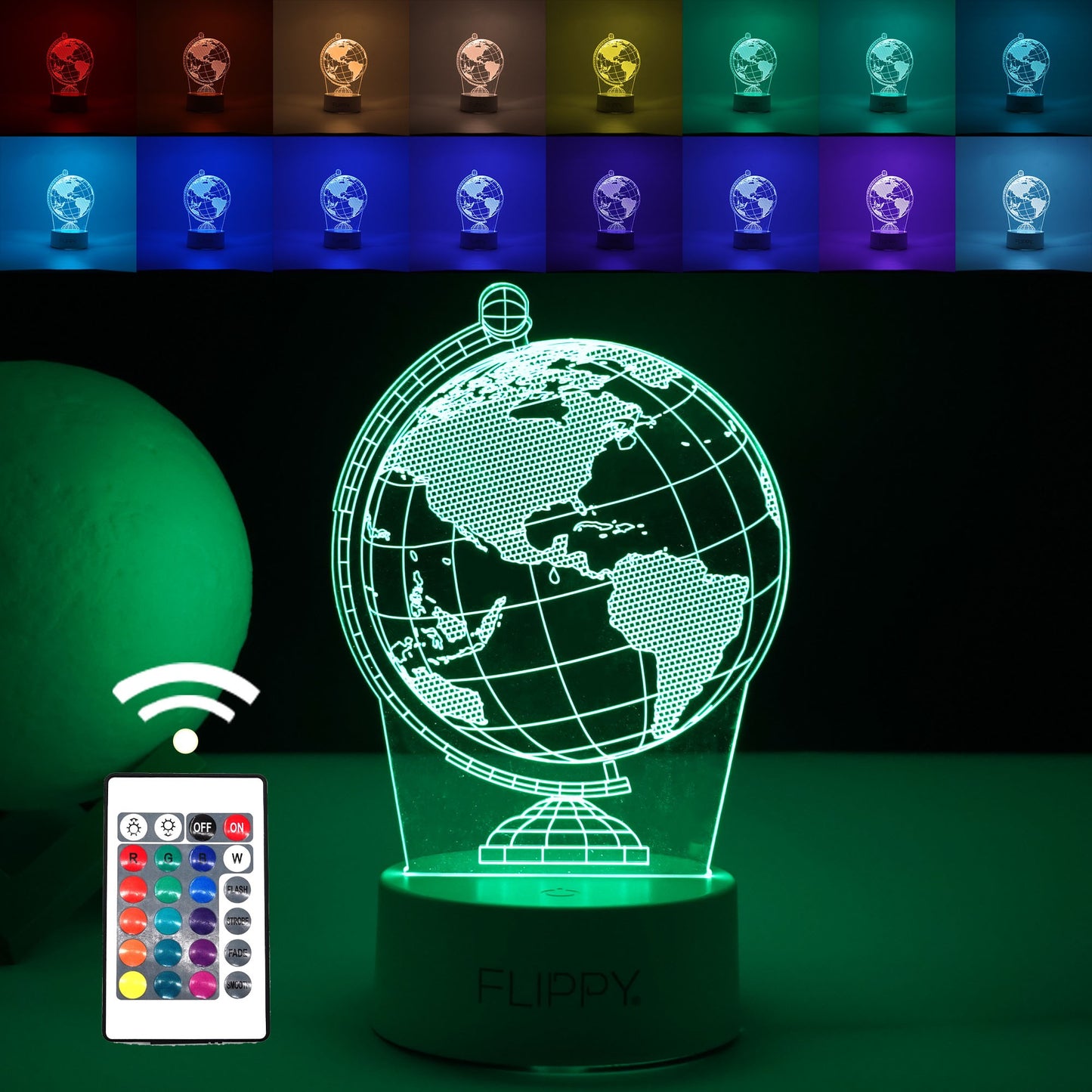 Lampa LED Decorativa 3D, Globul Pamantesc, Iluminare Multicolora cu Telecomanda, Alimentare USB sau Baterii, Material Acril, Inaltime 20 cm, Alb