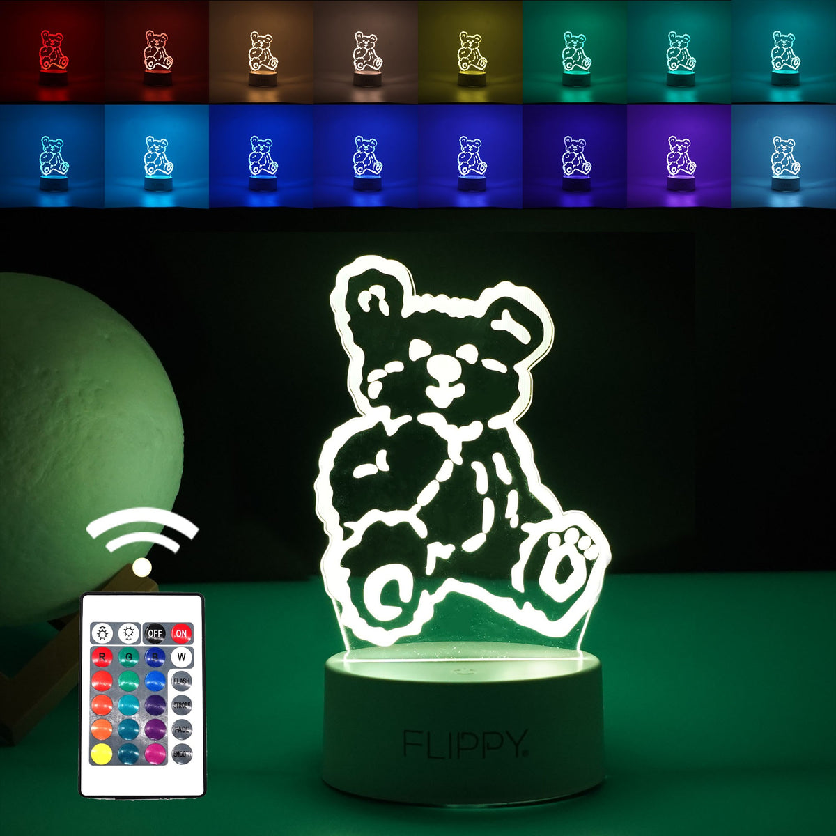 Lampa LED Decorativa 3D, Model Ursulet, Lumina Multicolora RGB cu Telecomanda, Acril, Alimentare USB sau Baterii, Inaltime 20 cm, Alb