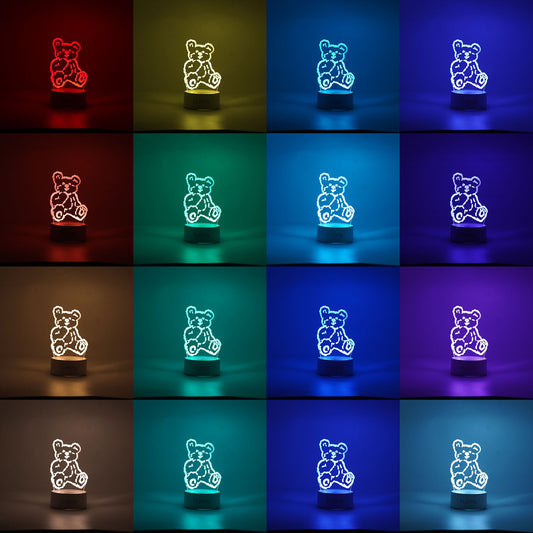 Lampa LED Decorativa 3D, Model Ursulet, Lumina Multicolora RGB cu Telecomanda, Acril, Alimentare USB sau Baterii, Inaltime 20 cm, Alb